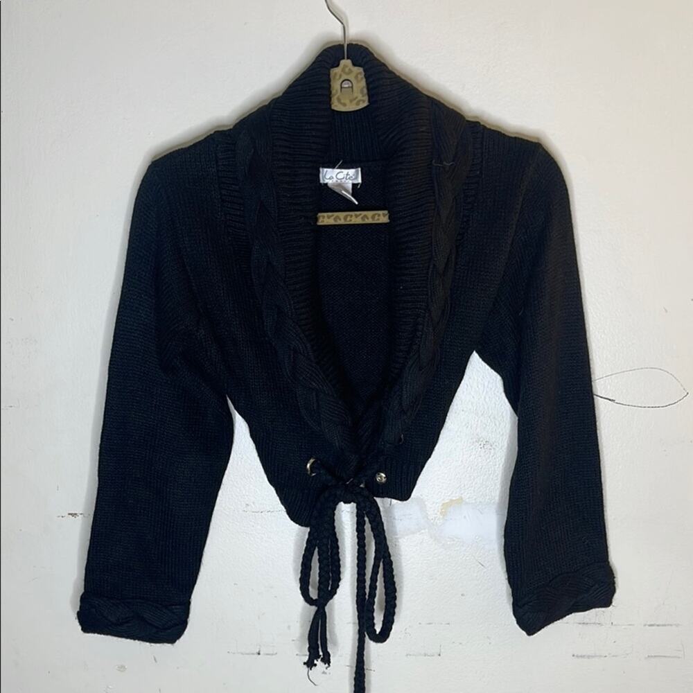 LA CITE Paris Black Knit Braided Detail Cropped Length Grommet Sweater Size Med